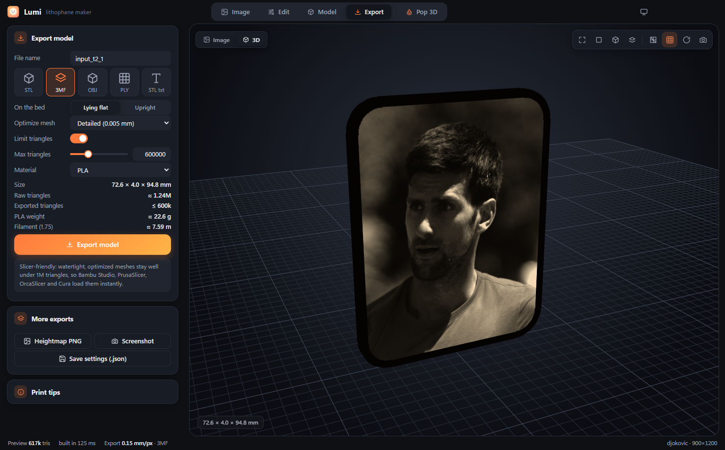 Lumi Export tab with mesh optimization