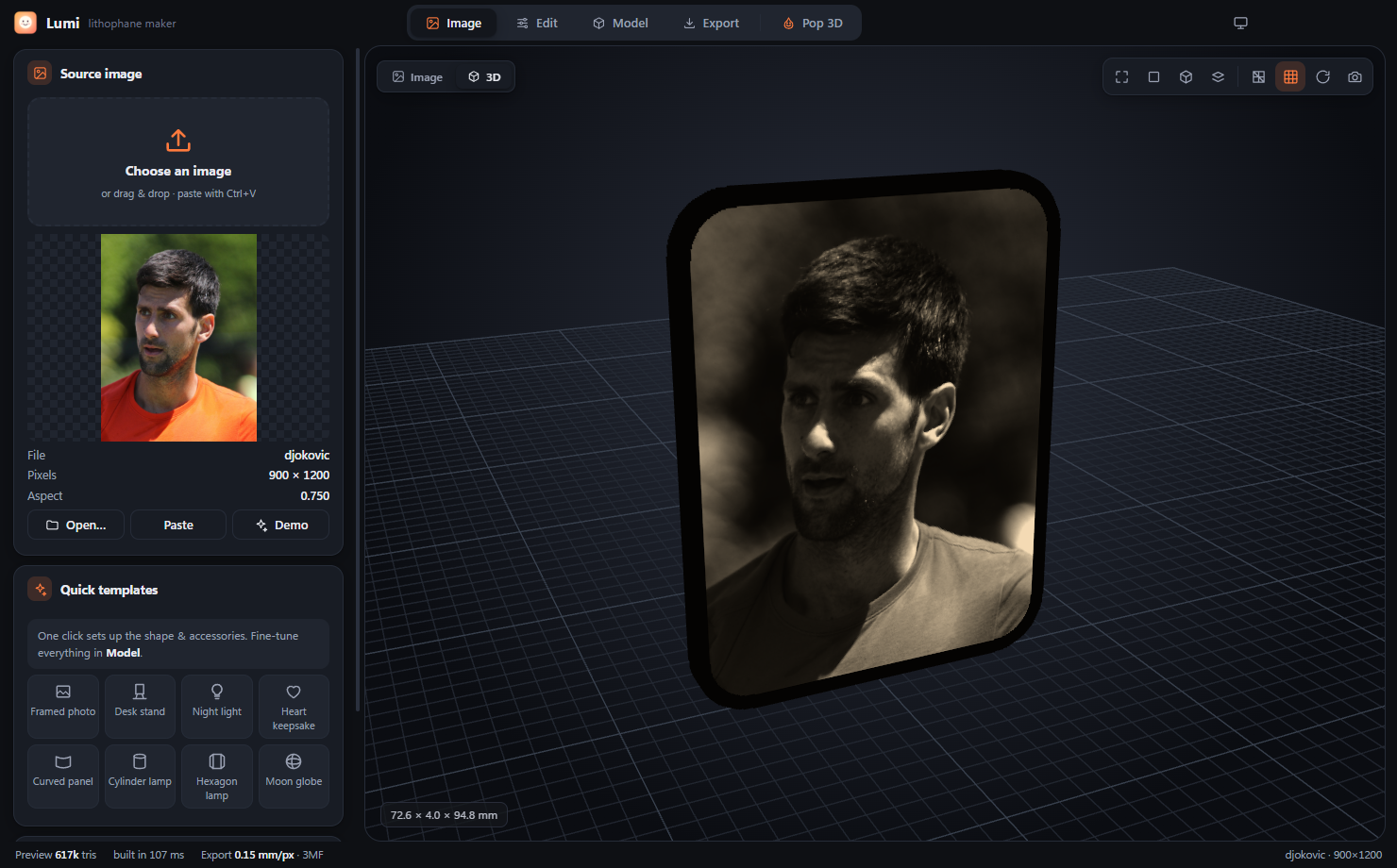 Lumi main window with a lithophane preview