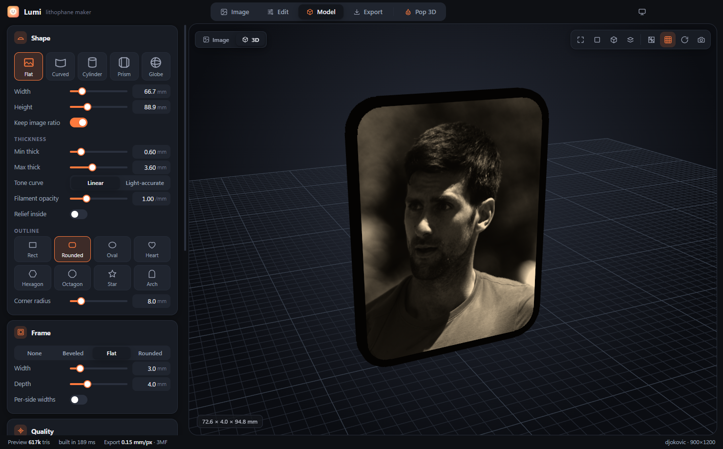Lumi Model tab with shape and thickness settings