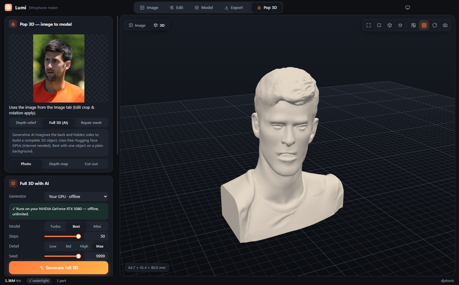Lumi Pop 3D tab showing a generated 3D bust