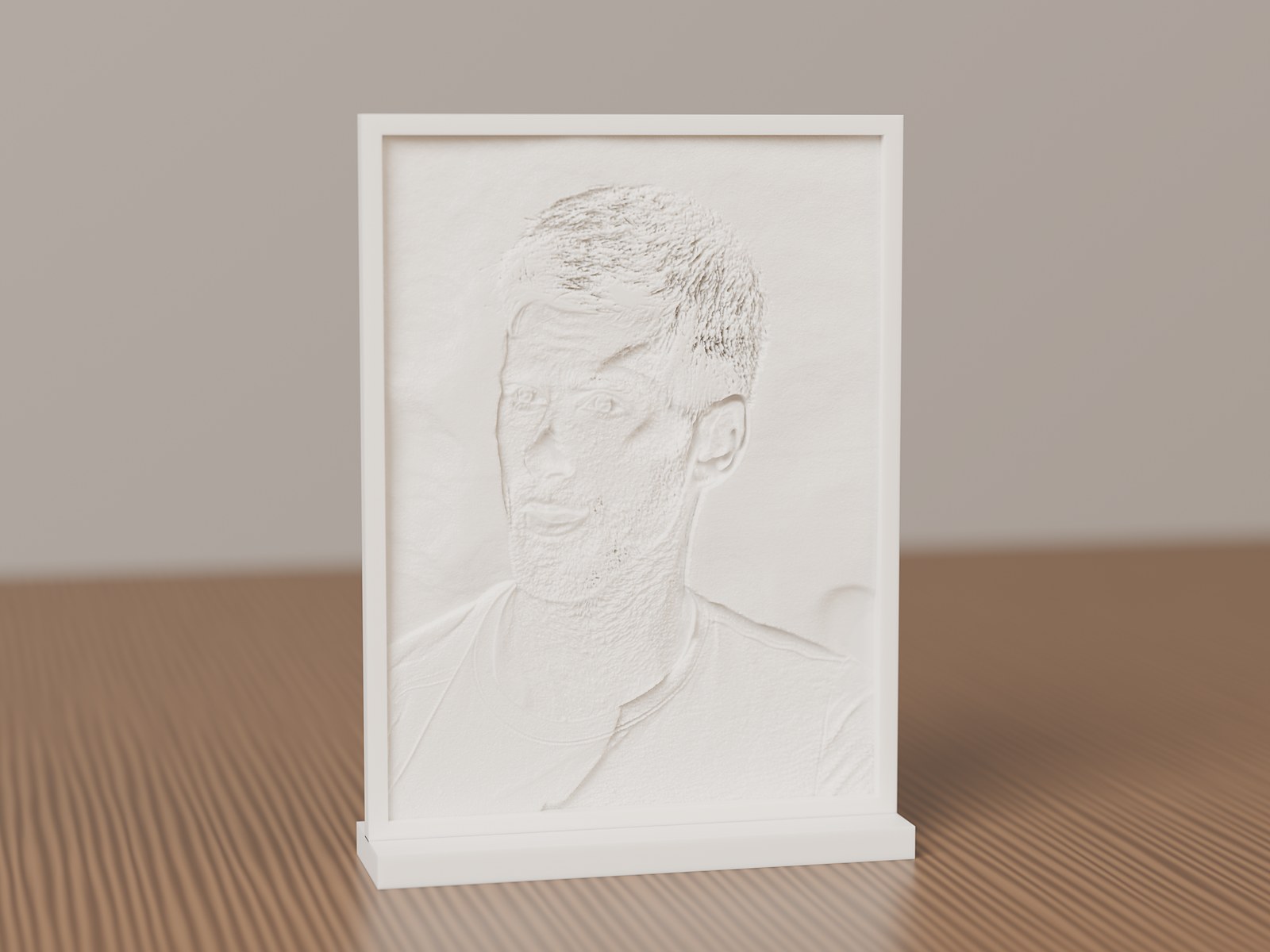 A white 3D-printed lithophane on a wooden desk in daylight, lamp off